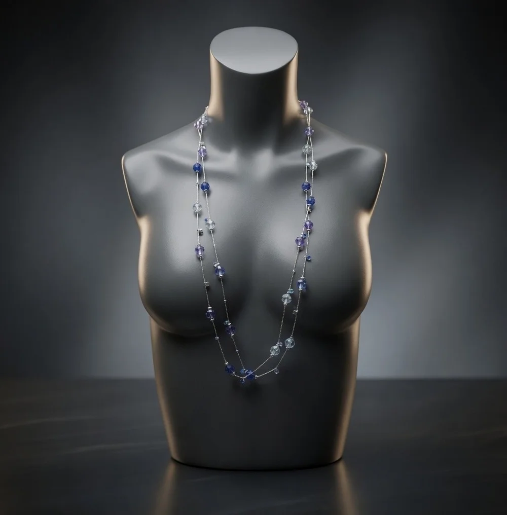 Vintage Silver Tone Multilayered Blue & Violet Crystal Stations Necklace 70